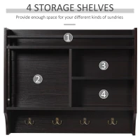 HOMCOM Wall-Mounted Floating Storage Shelf with 4 Storage Units and 4 Dual Hooks, Espresso(m-6)