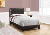 Monarch Twin Size Contemporary Upholstered Bed Frame with Tufted Headboard and Wood Legs - Dark Brown Leather Look(m-3)