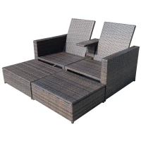 Outsunny Outdoor Patio Loveseat Set, 3 Piece PE Wicker Furniture with 2 Seats, Built-in Table, 2 Ottoman Storage Bins, All-Weather Reclining Lounge, Cushions, Brown(m-8)