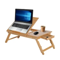 HomCom 22” Adjustable Wooden Folding Bamboo Laptop Bathtub Tray Table With Storage Drawer(m-2)