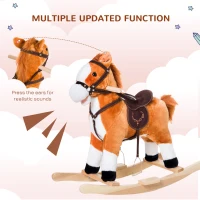 Qaba Kids Plush Toy Rocking Horse, Wooden Ride-on Chair, Plush Animal Rocker with Realistic Sounds and Moving Tail for Toddlers, Brown(m-5)