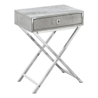 Monarch 24" Contemporary Accent Side End Table with Large Storage Drawer and Metal X-Design Legs - Grey Cement-Look / Chrome Metal Legs(m-1)