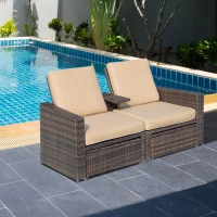 Outsunny Outdoor Patio Loveseat Set, 3 Piece PE Wicker Furniture with 2 Seats, Built-in Table, 2 Ottoman Storage Bins, All-Weather Reclining Lounge, Cushions, Brown(m-2)