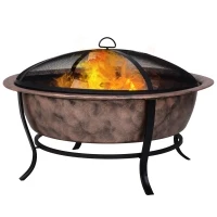 Outsunny 35" Outdoor Fire Pits, Wood Burning Camping Fire Pit, Black Rustic Cauldron Style Steel Firepit Bowl w/ Log Poker and Mesh Screen Enclosure for Ember Protection(m-1)