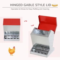 PawHut Rat Proof Auto Large Chicken Feeder Against any Other Animals Galvanized Steel Poultry Feeders Size for 10 Chickens Holds up to 10 L of Feeds Silver/Red(m-5)