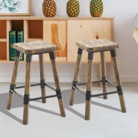 HomCom 2 Piece 24" Tall Rustic Industrial Armless Square Wood Top Bar Stool Set - Black / Woodgrain(m-1)