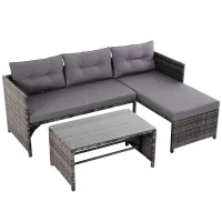 Outsunny 3 Piece Patio Furniture Set, Rattan Outdoor Sofa Set with Chaise Lounge & Loveseat, Soft Cushions, Tempered Glass Table, L-Shaped Sectional Couch, Gray(m-8)