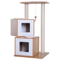 PawHut 40" Modern Cat Tree Multi-Level Scratching Post with 2 Cube Cave Enclosures - Oak Wood and White(m-1)