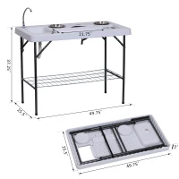 Outsunny 50" Portable Folding Camping Table with Sink, Faucet, Dual Stainless Steel Basins, and Accessories for Fish Cleaning(m-3)