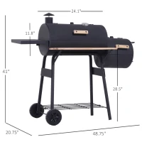 Outsunny Charcoal BBQ, Portable Grill with Wheels, All-in-One Grill, Side vent, Two Shelves and Metal Grating, Lit-Mounted Thermometer, Wooden Handle, for Outdoor Cooking, Black(m-3)