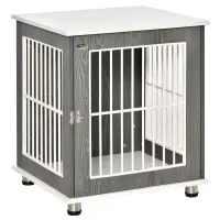 PawHut Wooden Dog Kennel, Furniture End Table with Lockable Door, Small Size Pet Crate Indoor Animal Cage, Grey(m-1)