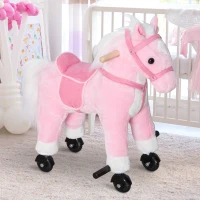 Qaba Kids Ride on Walking Horse Pony Plush Walking Animal with Wheels and Realistic Sounds for 3 Years Old Children - Pink(m-2)