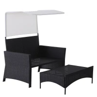 Outsunny 2 Piece Rattan Wicker Outdoor Loveseat with Sunshade Canopy and Nesting Ottoman Footrest - Black(m-4)