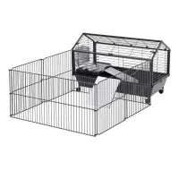 PawHut Rolling Metal Rabbit, Guinea Pig, or Small Animal Hutch Cage with Main House and Run(m-1)