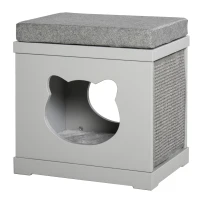 PawHut Wooden Cat Bed Cube House with Soft Padded Cushions, 2 Exterior Scratching Boards, & Interior Space, Grey(m-1)