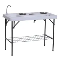 Outsunny 50" Portable Folding Camping Table with Sink, Faucet, Dual Stainless Steel Basins, and Accessories for Fish Cleaning(m-1)
