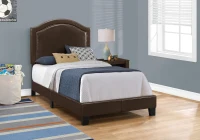 Monarch Twin Size Contemporary Upholstered Bed Frame with Brass Nail Head Trim and Wood Legs - Brown Leather Look(m-3)