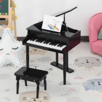 HOMCOM Modern Kids Piano 30 Keys Set of 2 Mini Toy for Child Grand Piano with Music Stand and Bench - Black(m-2)