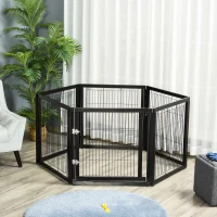 PawHut Transformable Pet Playpen 6 Freestanding Panels Gate Fireplace Christmas Tree Fence Stair Barrier Room Divider with Walk Through Door Wooden Frame Metal Mesh Black 63'' x 54.5'' x 31.5''(m-9)
