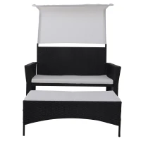 Outsunny 2 Piece Rattan Wicker Outdoor Loveseat with Sunshade Canopy and Nesting Ottoman Footrest - Black(m-7)