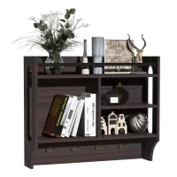 HOMCOM Wall-Mounted Floating Storage Shelf with 4 Storage Units and 4 Dual Hooks, Espresso(m-1)