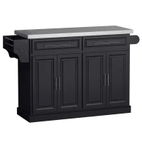 HOMCOM Rolling Kitchen Island with Storage, Portable Kitchen Cart with Stainless Steel Top, 2 Drawers, Spice, Knife and Towel Rack and Cabinets, Black(m-1)