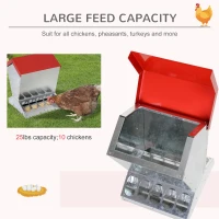 PawHut Rat Proof Auto Large Chicken Feeder Against any Other Animals Galvanized Steel Poultry Feeders Size for 10 Chickens Holds up to 10 L of Feeds Silver/Red(m-6)