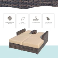 Outsunny Outdoor Patio Loveseat Set, 3 Piece PE Wicker Furniture with 2 Seats, Built-in Table, 2 Ottoman Storage Bins, All-Weather Reclining Lounge, Cushions, Brown(m-5)