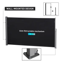 Outsunny 118" x 63" Side Awning, Retractable Privacy Screen & Driveway Guard, Instant Outside Screen, Wall, or Fence, Side Shade and Wind Block for Indoor Outdoor, Garden, Black(m-5)