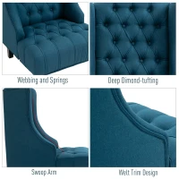 HOMCOM Linen Fabric Button Tufted Wingback Accent Chair with Thick Padded Cushioned Seats and Wooden Legs for Living Room and Bedroom, Dark Blue(m-6)