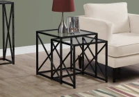 Monarch 2 Piece Contemporary Tempered Glass Nesting Accent Side End Table Set with X-Design Metal Base - Black Nickel(m-2)