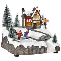 HOMCOM Christmas Village, Rotating Skating Pond Animated Winter Wonderland Set with Multicolored LED Light, Music, Fiber Optic, Battery-Operated Christmas Decoration(m-1)