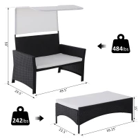 Outsunny 2 Piece Rattan Wicker Outdoor Loveseat with Sunshade Canopy and Nesting Ottoman Footrest - Black(m-3)