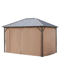 Outsunny 10' x 12' Hardtop Gazebo with Curtains and Netting, Permanent Pavilion Metal Roof Gazebo Canopy with Aluminum Frame and Top Hook, for Garden, Patio, Deck, Backyard, Brown(m-9)