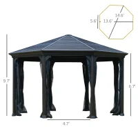 Outsunny 15' x 15' Octagon Hardtop Gazebo with Galvanized Steel Roof, Aluminum Frame, Permanent Pavilion Outdoor Gazebo Canopy with Netting for, Patio, Garden, Backyard, Deck, Lawn, Black(m-3)