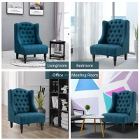 HOMCOM Linen Fabric Button Tufted Wingback Accent Chair with Thick Padded Cushioned Seats and Wooden Legs for Living Room and Bedroom, Dark Blue(m-7)