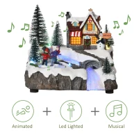 HOMCOM Christmas Village, Rotating Skating Pond Animated Winter Wonderland Set with Multicolored LED Light, Music, Fiber Optic, Battery-Operated Christmas Decoration(m-7)