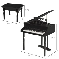 HOMCOM Modern Kids Piano 30 Keys Set of 2 Mini Toy for Child Grand Piano with Music Stand and Bench - Black(m-3)
