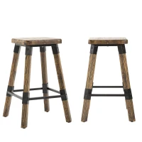 HomCom 2 Piece 24" Tall Rustic Industrial Armless Square Wood Top Bar Stool Set - Black / Woodgrain(m-5)