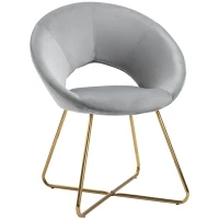 HOMCOM Modern Accent Velvet Chair Open Curved Mid-Back Upholstered Vanity Chair with Gold Plating Metal Legs for Living Room/Office/Reception Grey(m-1)