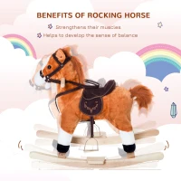 Qaba Kids Plush Toy Rocking Horse, Wooden Ride-on Chair, Plush Animal Rocker with Realistic Sounds and Moving Tail for Toddlers, Brown(m-4)