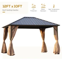 Outsunny 10' x 12' Hardtop Gazebo with Curtains and Netting, Permanent Pavilion Metal Roof Gazebo Canopy with Aluminum Frame and Top Hook, for Garden, Patio, Deck, Backyard, Brown(m-4)