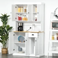 HOMCOM 70.75" Kitchen Pantry Cabinet with Hutch Storage Cabinet Microwave Oven Stand with Drawer, White/Oak(m-10)