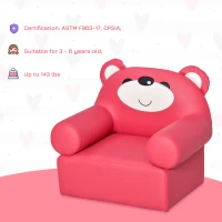 Qaba Mini Kids Sofa with Bear Design and Ergonomic Backrest, Small & Lightweight Armchair for Art, Homework, & Reading, with Easy to Clean Surface, Rose Red(m-7)