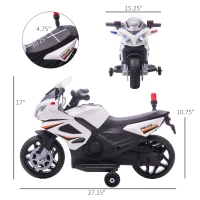 Aosom 6V Kids Motorcycle Police Electric Ride-On Dirt Bike Off-road Street Bike Battery Powered Rechargeable Horn Headlights Training Wheels Realistic Sounds for Girls and Boys 18 - 36 months White(m-3)