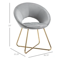 HOMCOM Modern Accent Velvet Chair Open Curved Mid-Back Upholstered Vanity Chair with Gold Plating Metal Legs for Living Room/Office/Reception Grey(m-3)