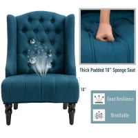 HOMCOM Linen Fabric Button Tufted Wingback Accent Chair with Thick Padded Cushioned Seats and Wooden Legs for Living Room and Bedroom, Dark Blue(m-4)
