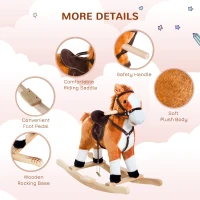 Qaba Kids Plush Toy Rocking Horse, Wooden Ride-on Chair, Plush Animal Rocker with Realistic Sounds and Moving Tail for Toddlers, Brown(m-6)
