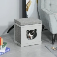 PawHut Wooden Cat Bed Cube House with Soft Padded Cushions, 2 Exterior Scratching Boards, & Interior Space, Grey(m-8)