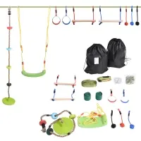 Outsunny 46' Ninja Warrior Obstacle Course, Slackline Monkey Bar & Climbing Rope for Kids with Gymnastic Rings, Swing, Climb Rope, and Travel Bag(m-1)